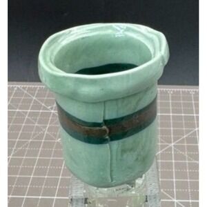 Vintage Vesta Stick Pin Holder Teal Green Pottery signed CL 2.25"
